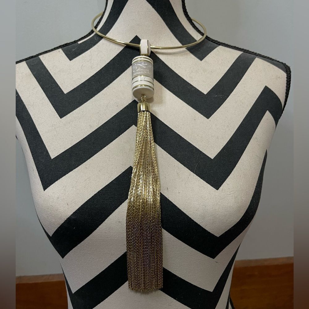 Chicos Long Tassel Necklace Gold Ceramic Adjustable